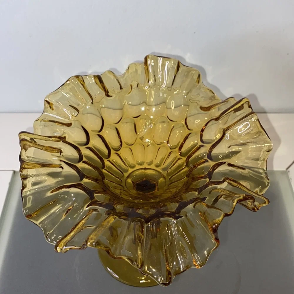 Vintage Fenton Colonial Thumbprint Amber Art Glass Footed Comote Candy Dish